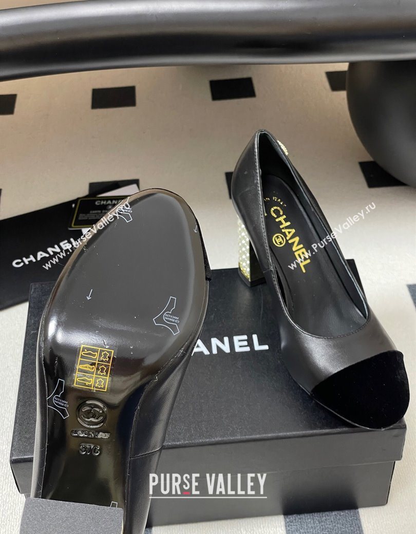 Chanel Lambskin Velvet Pumps 8cm with Pearls Black 2025 CH090104 (MD-250901074)
