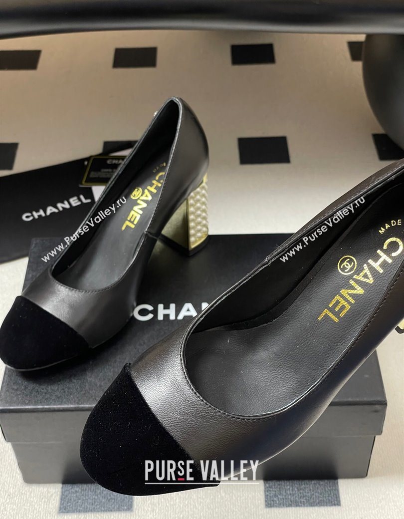 Chanel Lambskin Velvet Pumps 8cm with Pearls Black 2025 CH090104 (MD-250901074)