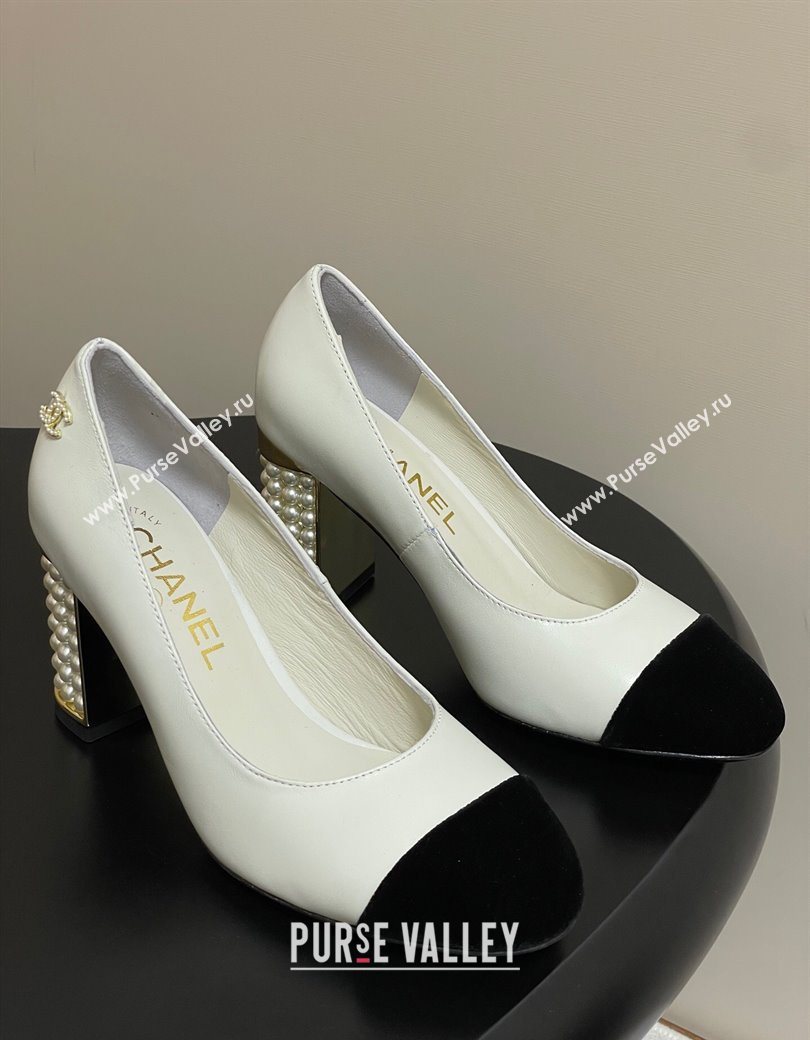 Chanel Lambskin Velvet Pumps 8cm with Pearls White 2025 CH090104 (MD-250901075)
