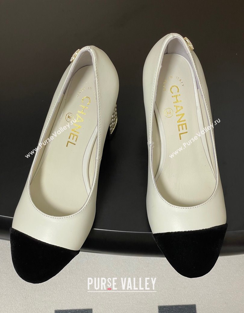Chanel Lambskin Velvet Pumps 8cm with Pearls White 2025 CH090104 (MD-250901075)