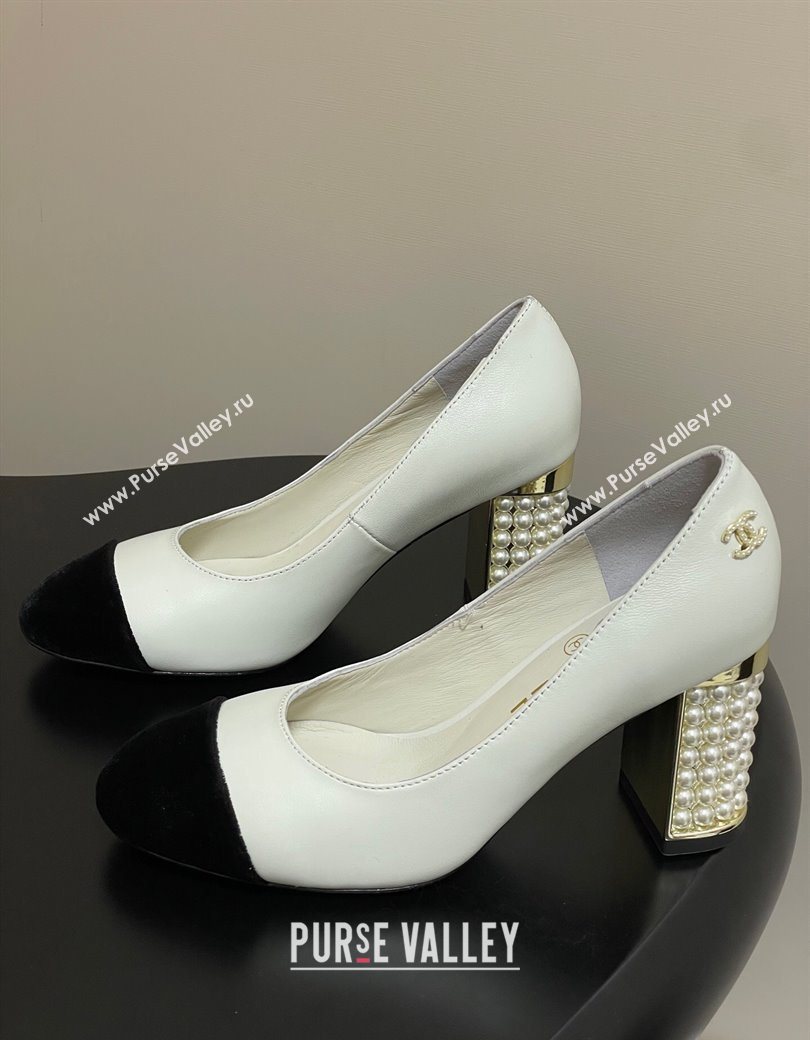 Chanel Lambskin Velvet Pumps 8cm with Pearls White 2025 CH090104 (MD-250901075)