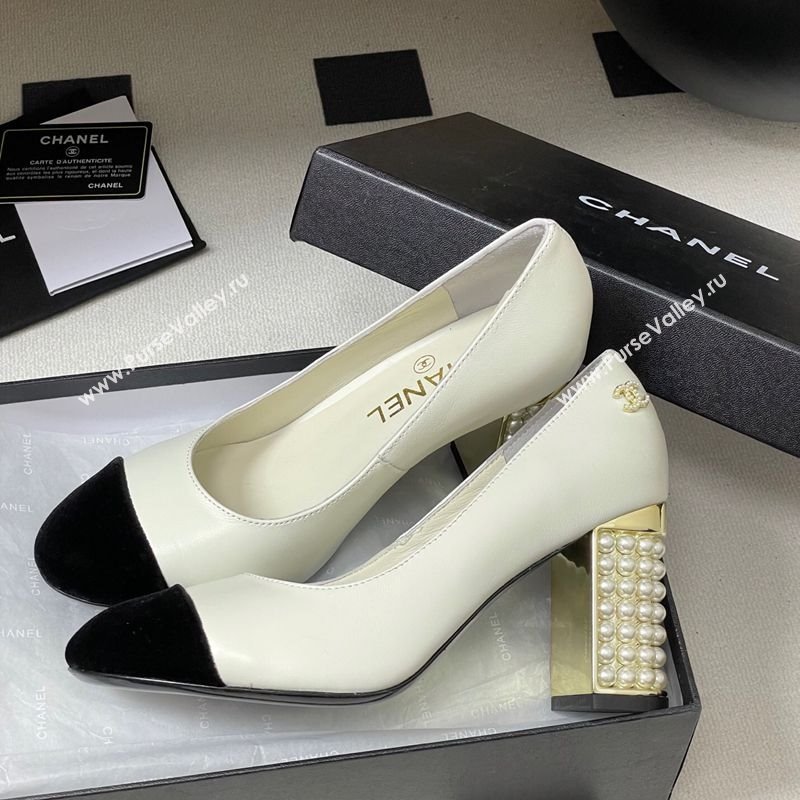 Chanel Lambskin Velvet Pumps 8cm with Pearls White 2025 CH090104 (MD-250901075)