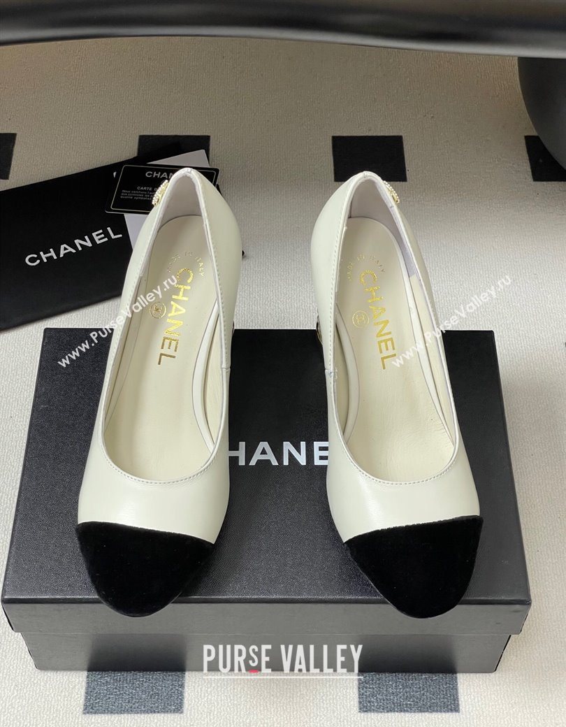 Chanel Lambskin Velvet Pumps 8cm with Pearls White 2025 CH090104 (MD-250901075)