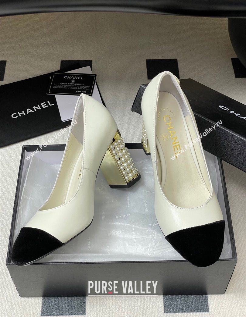 Chanel Lambskin Velvet Pumps 8cm with Pearls White 2025 CH090104 (MD-250901075)