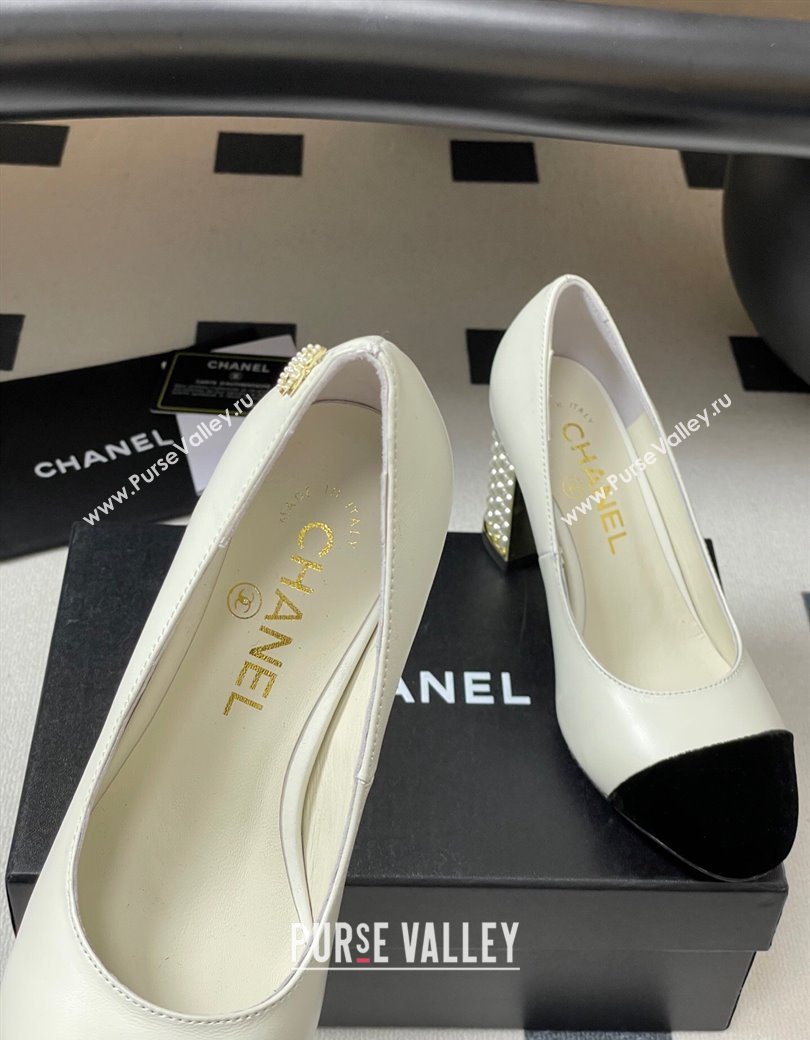 Chanel Lambskin Velvet Pumps 8cm with Pearls White 2025 CH090104 (MD-250901075)