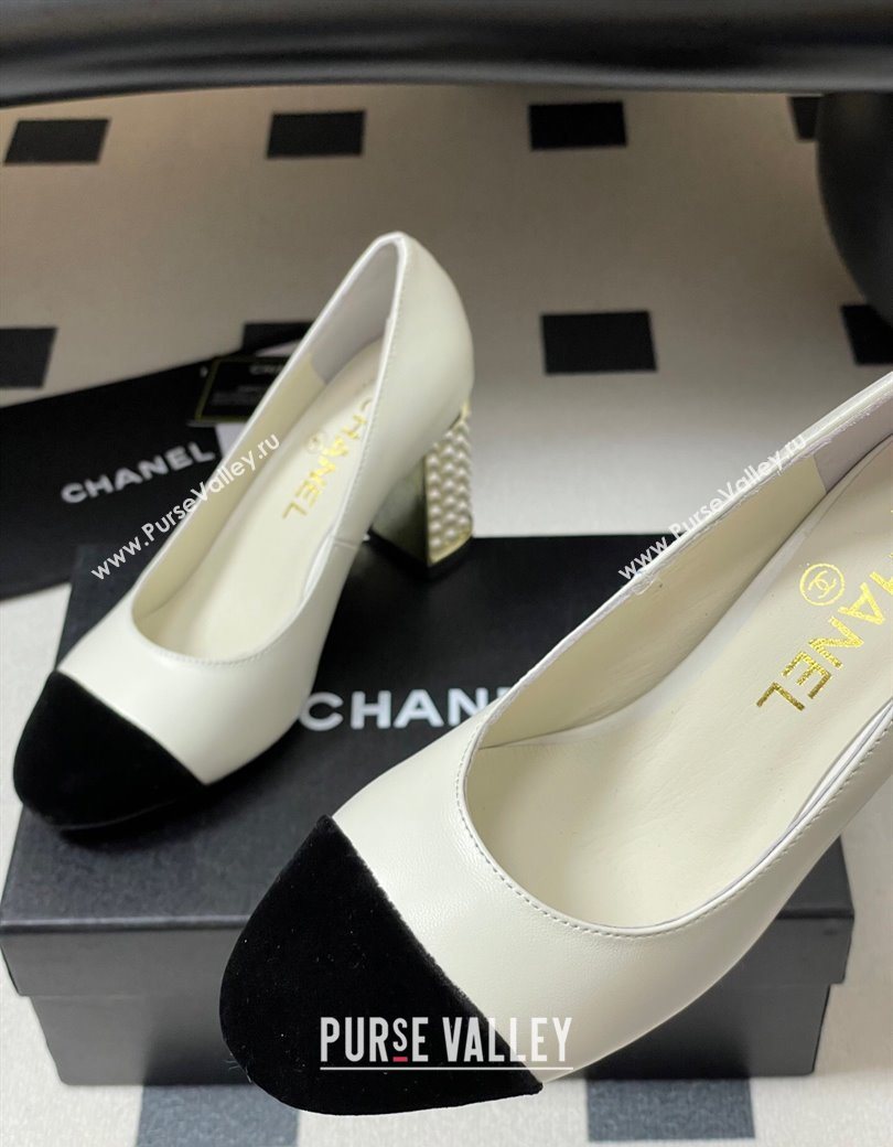 Chanel Lambskin Velvet Pumps 8cm with Pearls White 2025 CH090104 (MD-250901075)