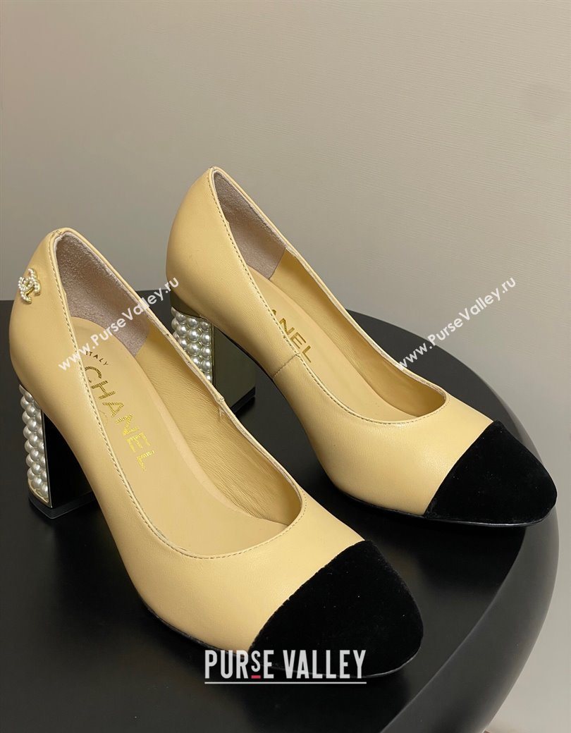 Chanel Lambskin Velvet Pumps 8cm with Pearls Beige Yellow 2025 CH090104 (MD-250901076)