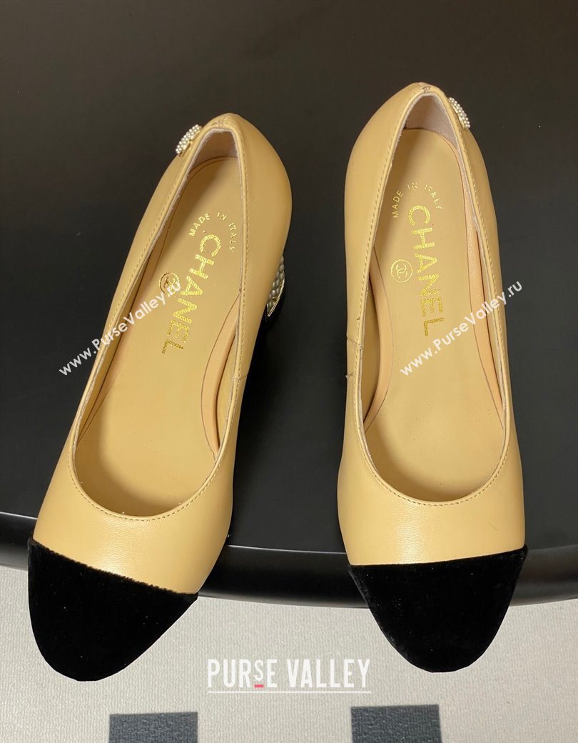 Chanel Lambskin Velvet Pumps 8cm with Pearls Beige Yellow 2025 CH090104 (MD-250901076)
