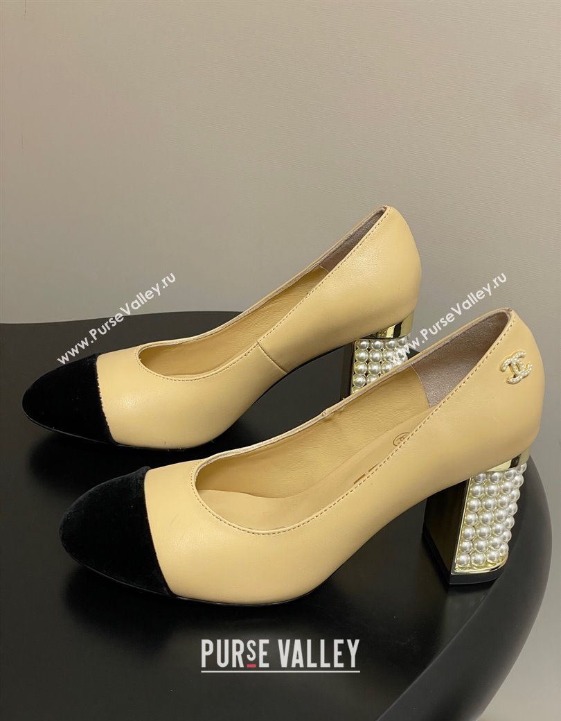 Chanel Lambskin Velvet Pumps 8cm with Pearls Beige Yellow 2025 CH090104 (MD-250901076)