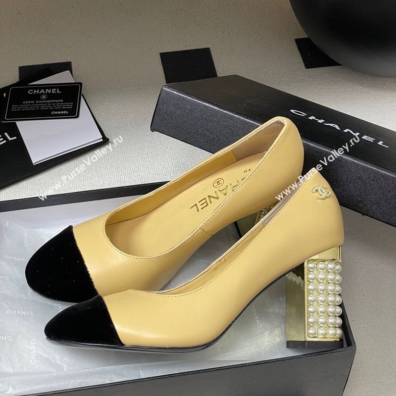 Chanel Lambskin Velvet Pumps 8cm with Pearls Beige Yellow 2025 CH090104 (MD-250901076)