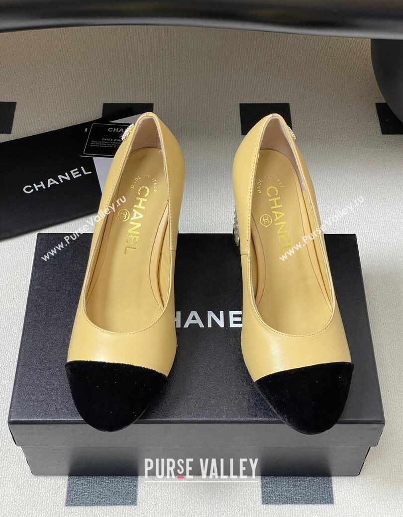 Chanel Lambskin Velvet Pumps 8cm with Pearls Beige Yellow 2025 CH090104 (MD-250901076)