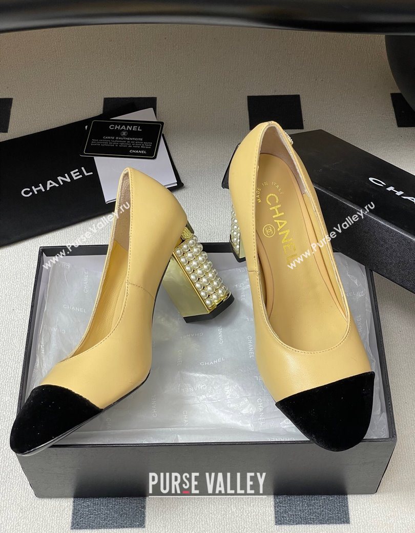 Chanel Lambskin Velvet Pumps 8cm with Pearls Beige Yellow 2025 CH090104 (MD-250901076)