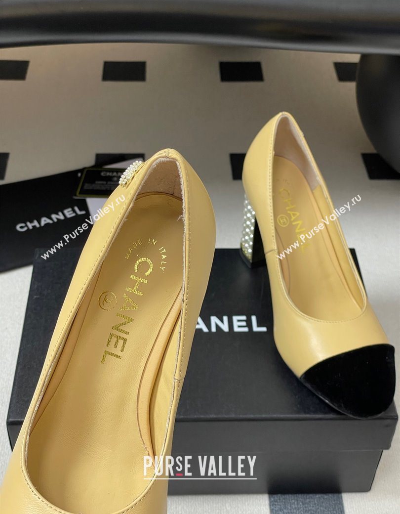 Chanel Lambskin Velvet Pumps 8cm with Pearls Beige Yellow 2025 CH090104 (MD-250901076)