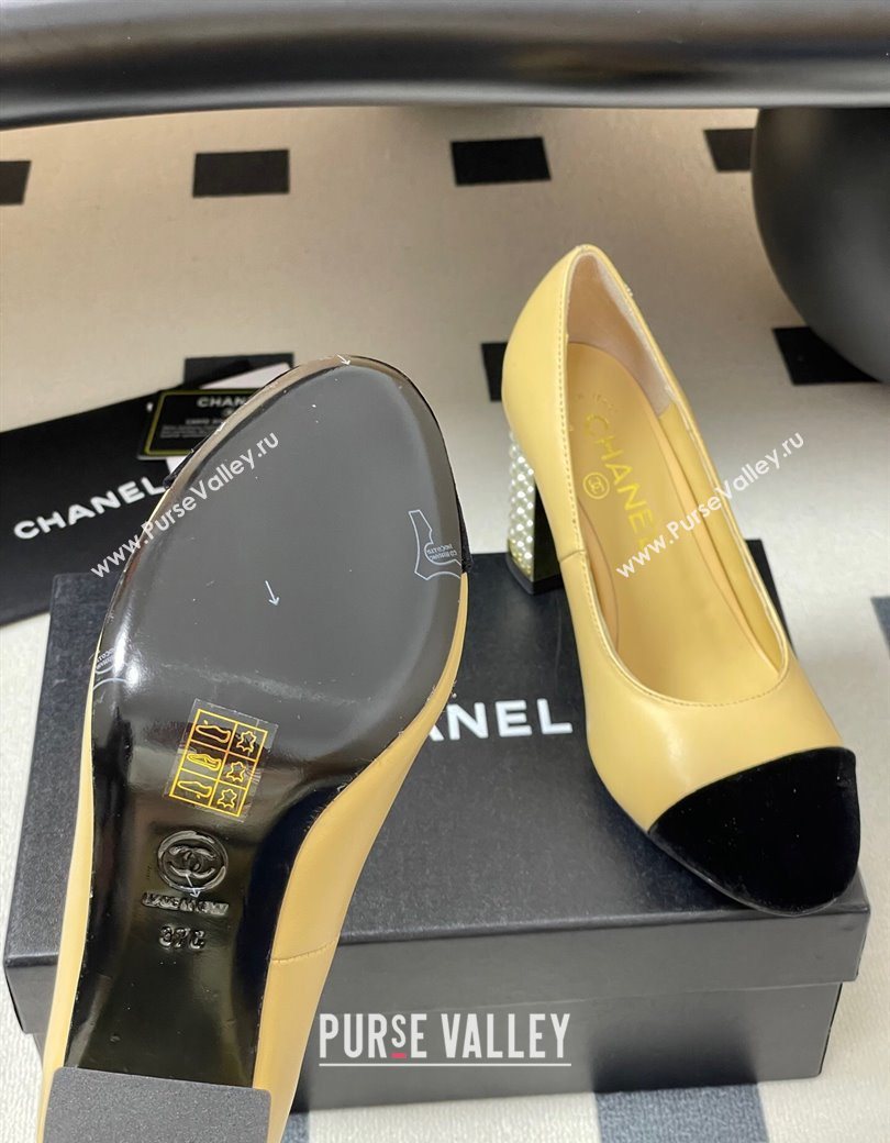 Chanel Lambskin Velvet Pumps 8cm with Pearls Beige Yellow 2025 CH090104 (MD-250901076)