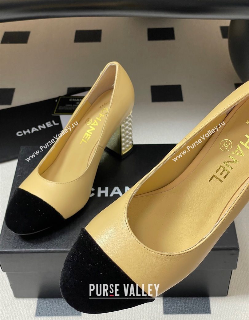 Chanel Lambskin Velvet Pumps 8cm with Pearls Beige Yellow 2025 CH090104 (MD-250901076)
