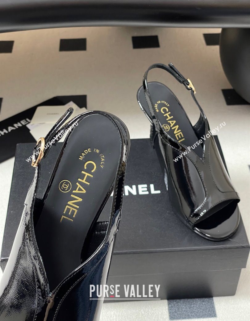 Chanel Patent Calfskin Leather Heel Sandals 8.5cm Black 2025 G46538 (MD-250901141)