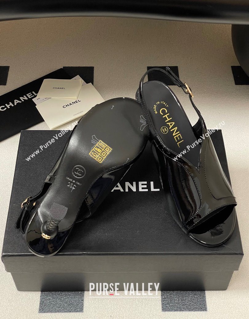 Chanel Patent Calfskin Leather Heel Sandals 8.5cm Black 2025 G46538 (MD-250901141)