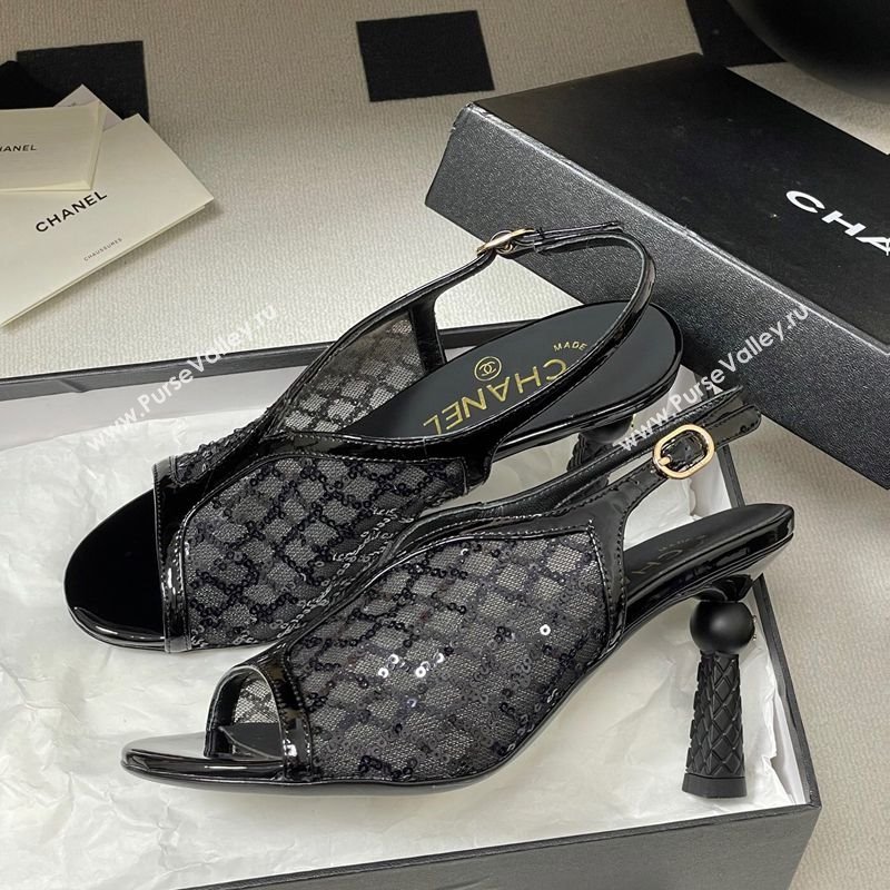 Chanel Mesh Sequins Heel Sandals 8.5cm Black 2025 G46538 (MD-250901142)