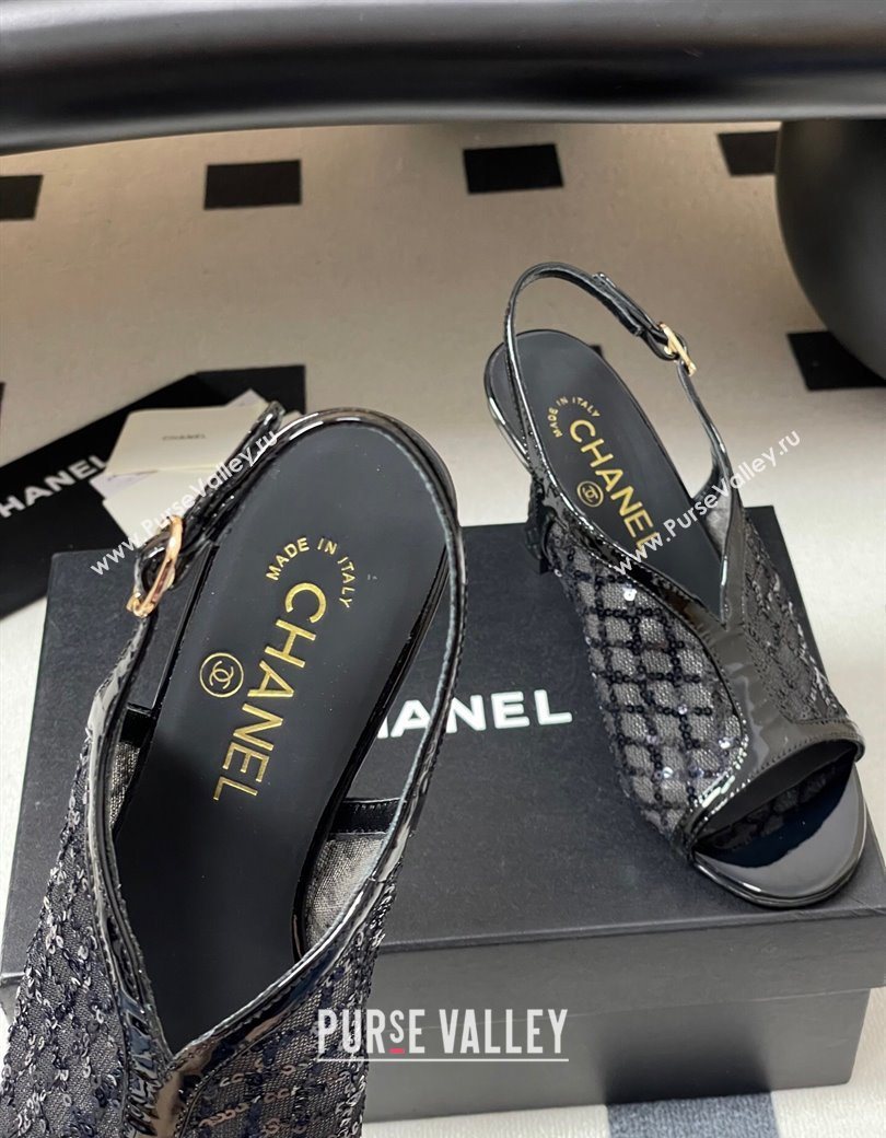 Chanel Mesh Sequins Heel Sandals 8.5cm Black 2025 G46538 (MD-250901142)