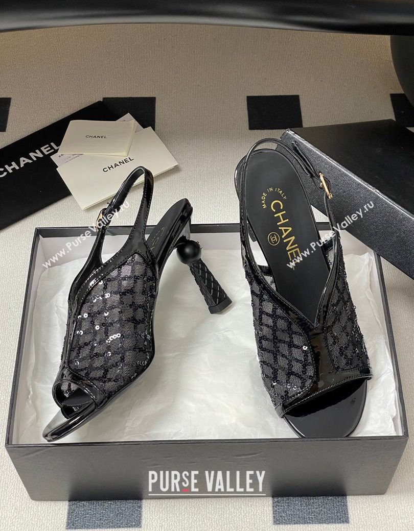 Chanel Mesh Sequins Heel Sandals 8.5cm Black 2025 G46538 (MD-250901142)