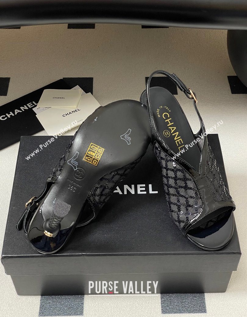Chanel Mesh Sequins Heel Sandals 8.5cm Black 2025 G46538 (MD-250901142)