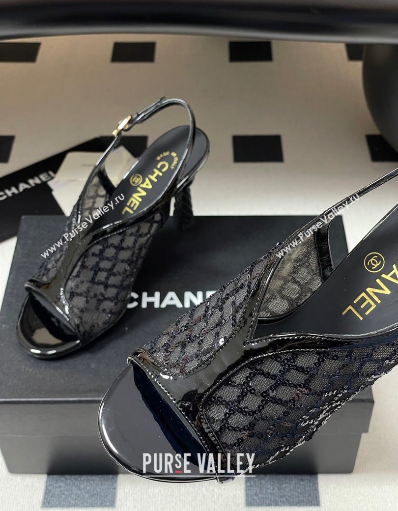 Chanel Mesh Sequins Heel Sandals 8.5cm Black 2025 G46538 (MD-250901142)