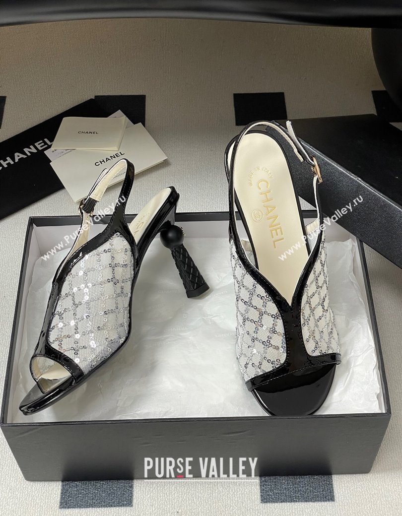 Chanel Mesh Sequins Heel Sandals 8.5cm White 2025 G46538 (MD-250901143)