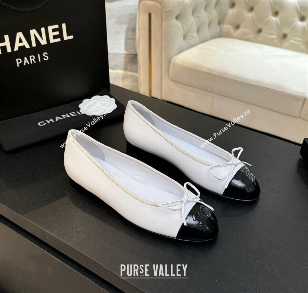 Chanel Classic Lambskin Patent Calfskin Ballet Flats with Bow White 2025 0901 (MD-250901021)