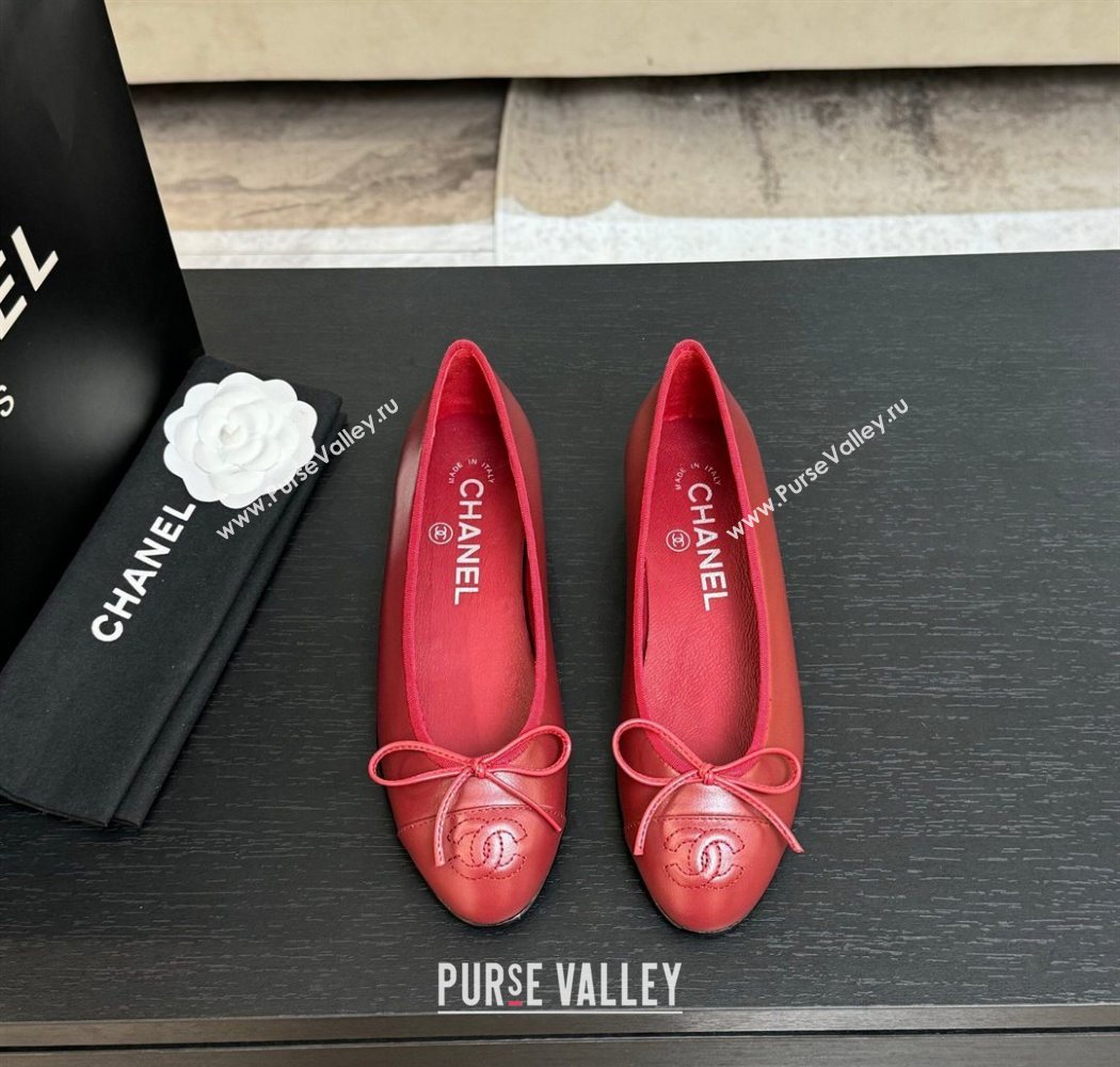 Chanel Classic Lambskin Leather Ballet Flats with Bow Red 2025 0901 (MD-250901001)