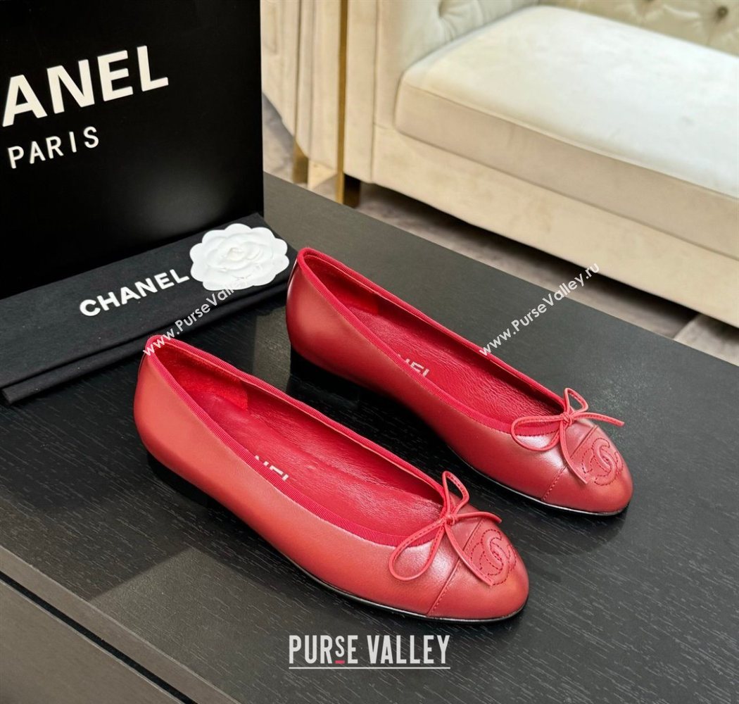 Chanel Classic Lambskin Leather Ballet Flats with Bow Red 2025 0901 (MD-250901001)