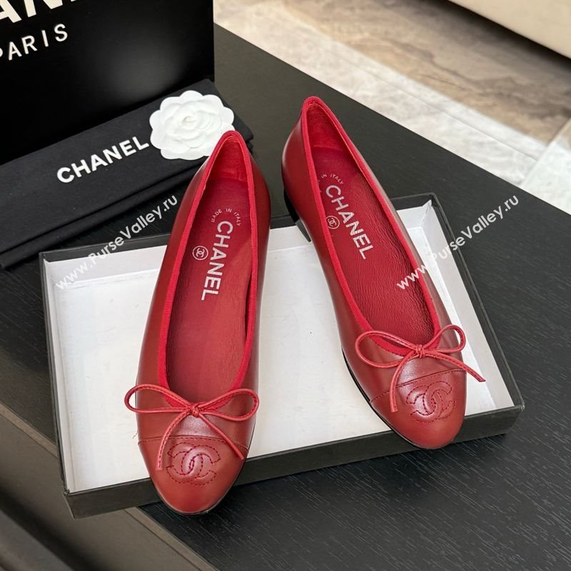 Chanel Classic Lambskin Leather Ballet Flats with Bow Red 2025 0901 (MD-250901001)