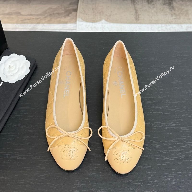 Chanel Classic Quilted Lambskin Ballet Flats with Bow Beige Yellow 2025 0901 (MD-250901003)