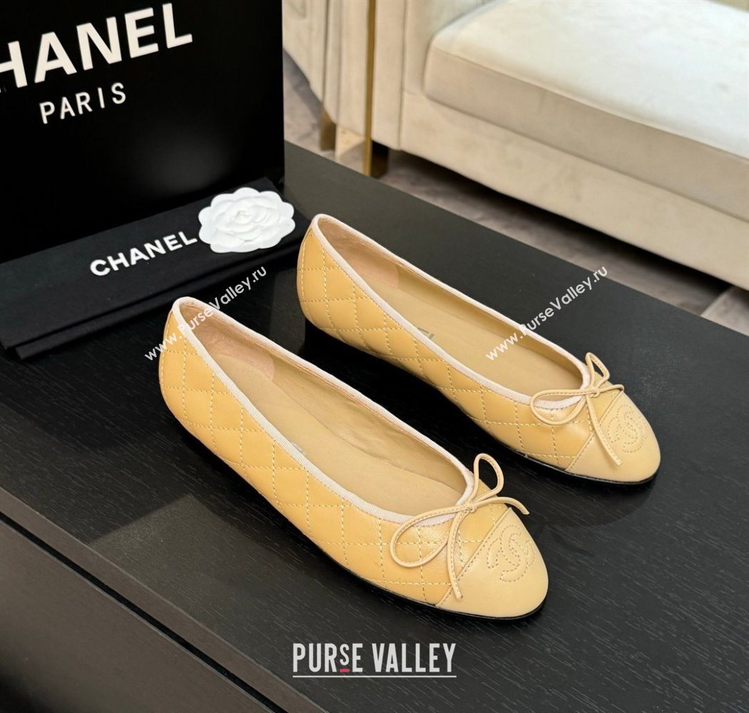 Chanel Classic Quilted Lambskin Ballet Flats with Bow Beige Yellow 2025 0901 (MD-250901003)