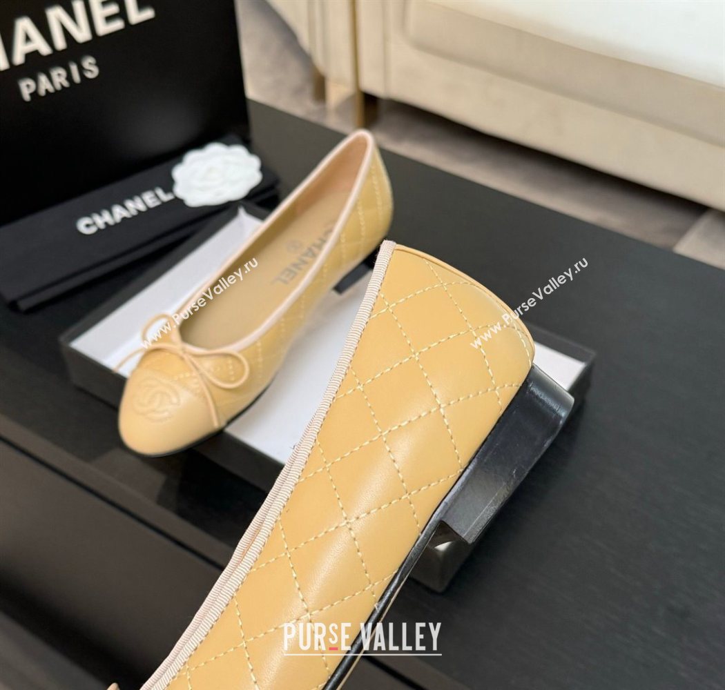Chanel Classic Quilted Lambskin Ballet Flats with Bow Beige Yellow 2025 0901 (MD-250901003)