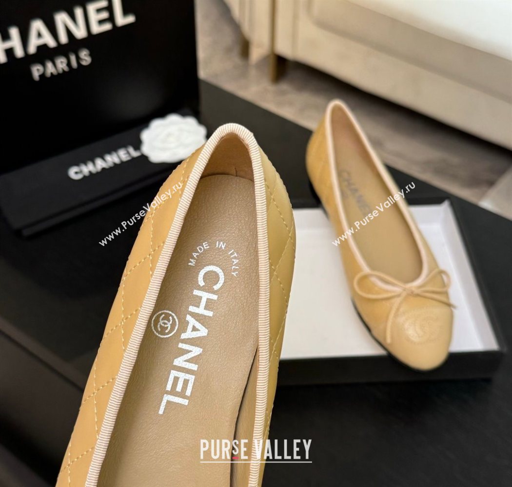 Chanel Classic Quilted Lambskin Ballet Flats with Bow Beige Yellow 2025 0901 (MD-250901003)