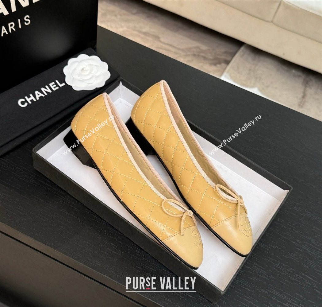 Chanel Classic Quilted Lambskin Ballet Flats with Bow Beige Yellow 2025 0901 (MD-250901003)