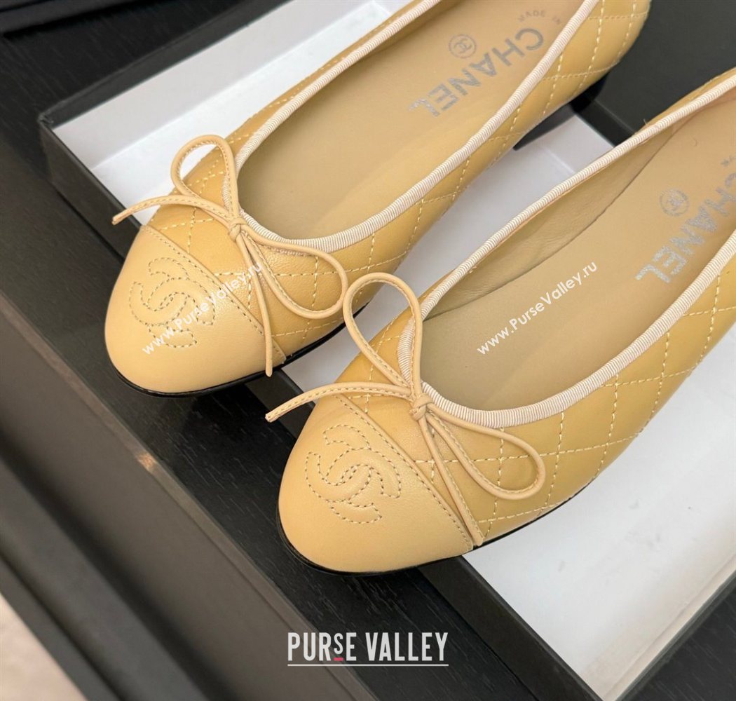 Chanel Classic Quilted Lambskin Ballet Flats with Bow Beige Yellow 2025 0901 (MD-250901003)