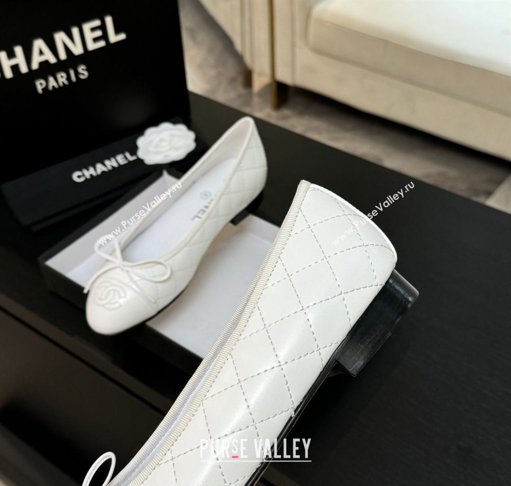 Chanel Classic Quilted Lambskin Ballet Flats with Bow White 2025 0901 (MD-250901004)