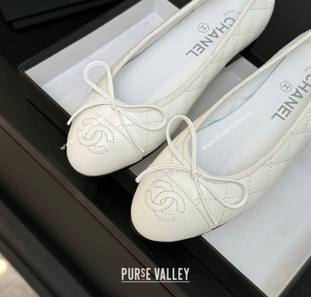 Chanel Classic Quilted Lambskin Ballet Flats with Bow White 2025 0901 (MD-250901004)