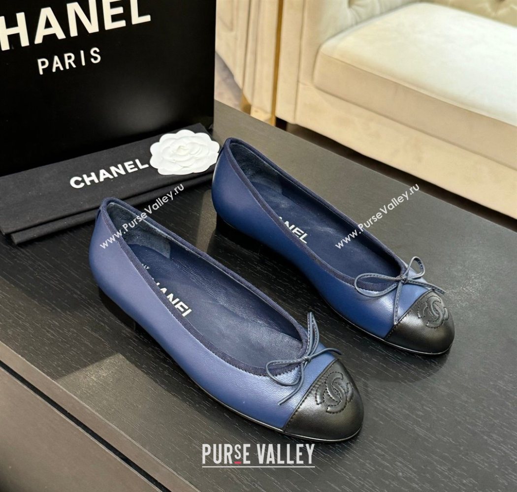 Chanel Classic Lambskin Leather Ballet Flats with Bow Navy Blue 2025 0901 (MD-250901005)