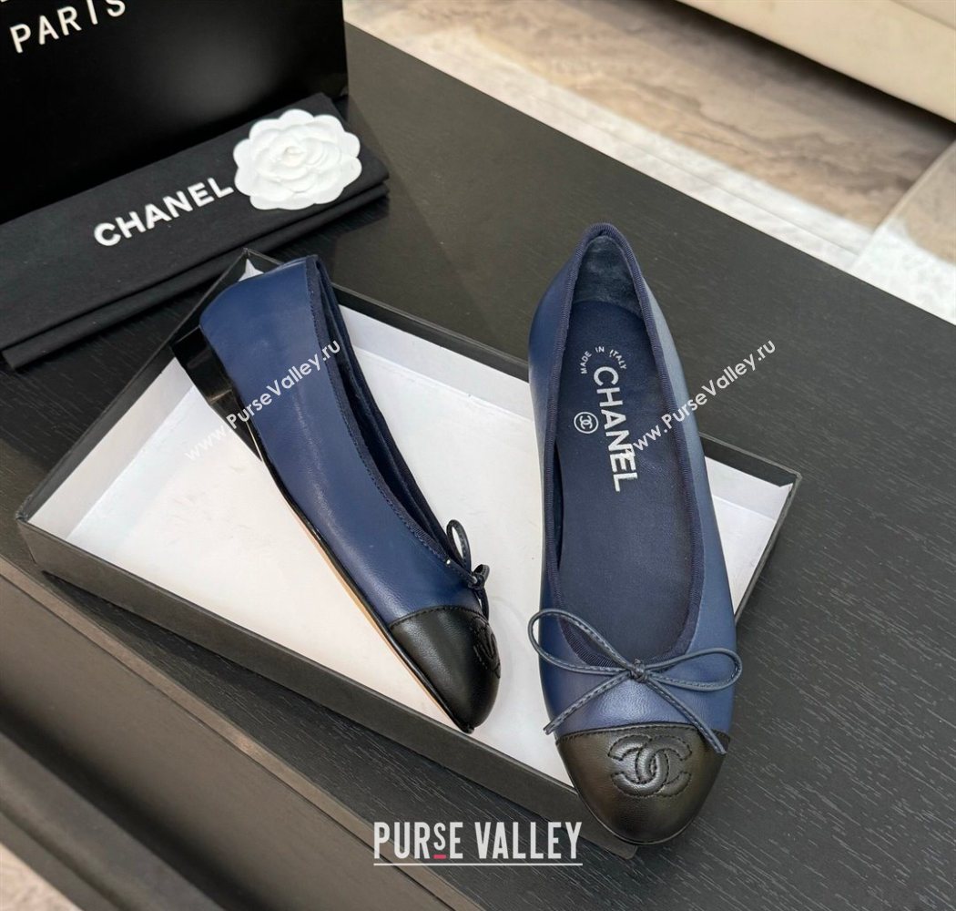 Chanel Classic Lambskin Leather Ballet Flats with Bow Navy Blue 2025 0901 (MD-250901005)