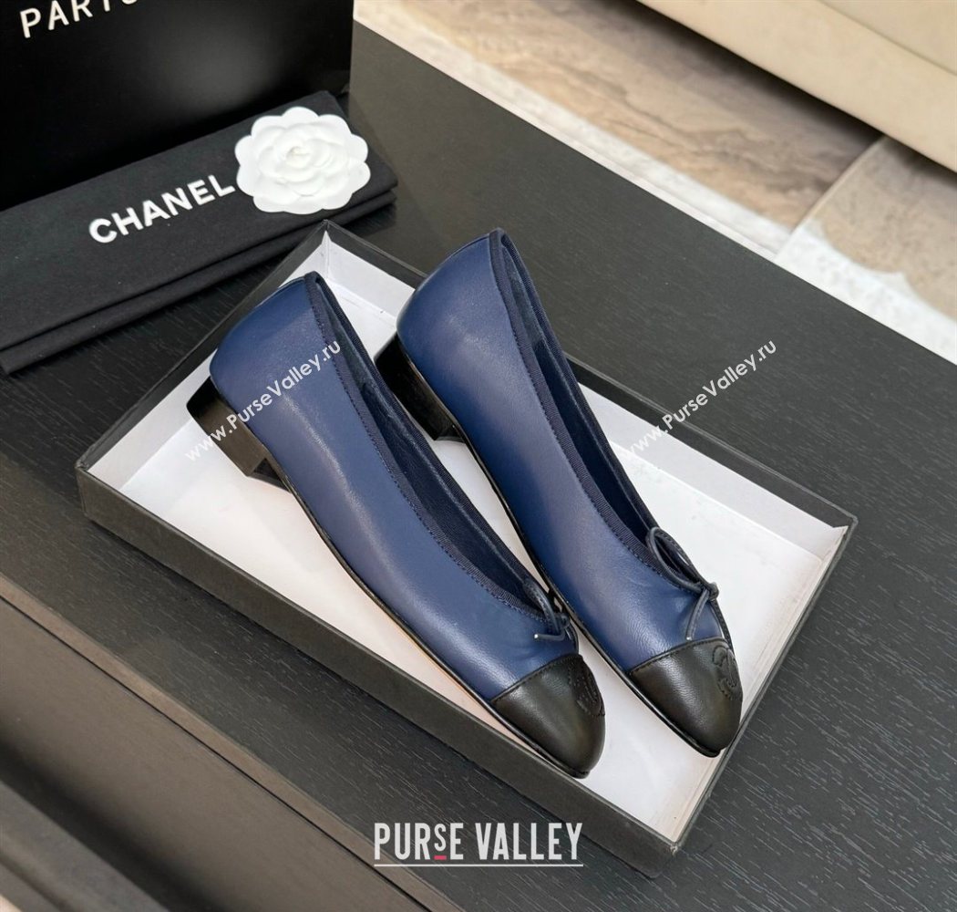 Chanel Classic Lambskin Leather Ballet Flats with Bow Navy Blue 2025 0901 (MD-250901005)