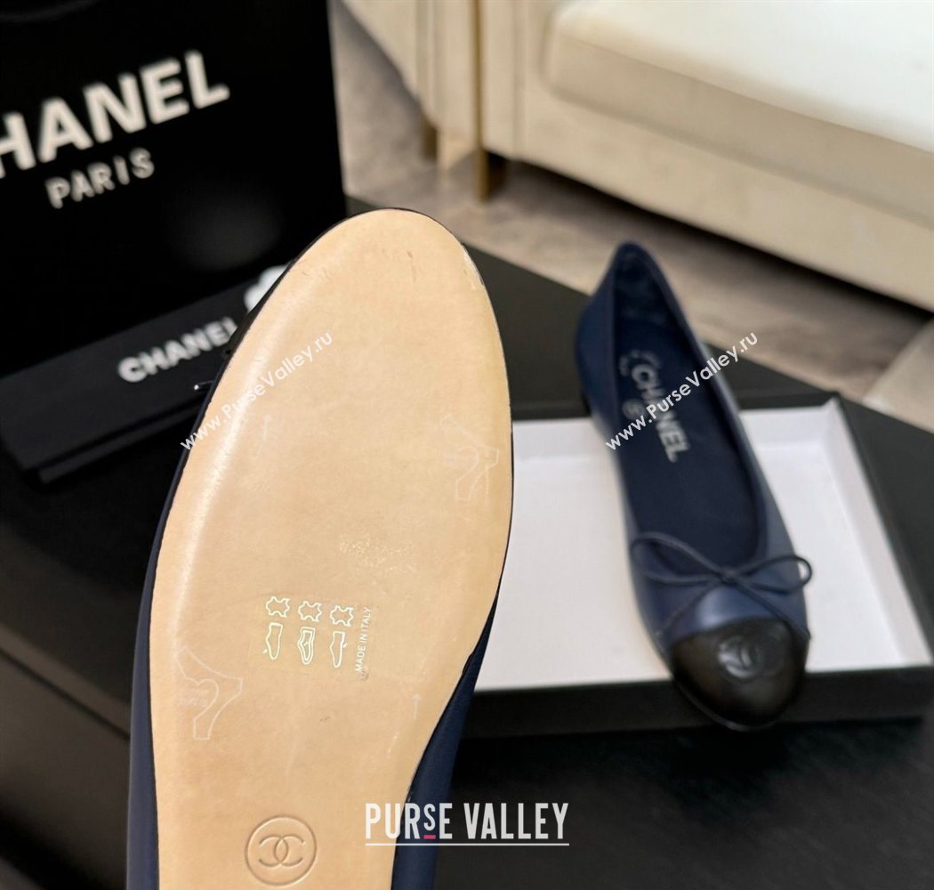 Chanel Classic Lambskin Leather Ballet Flats with Bow Navy Blue 2025 0901 (MD-250901005)