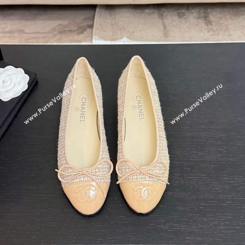 Chanel Classic Tweed Patent Calfskin Ballet Flats with Bow Nude/Beige 2025 0901 (MD-250901007)