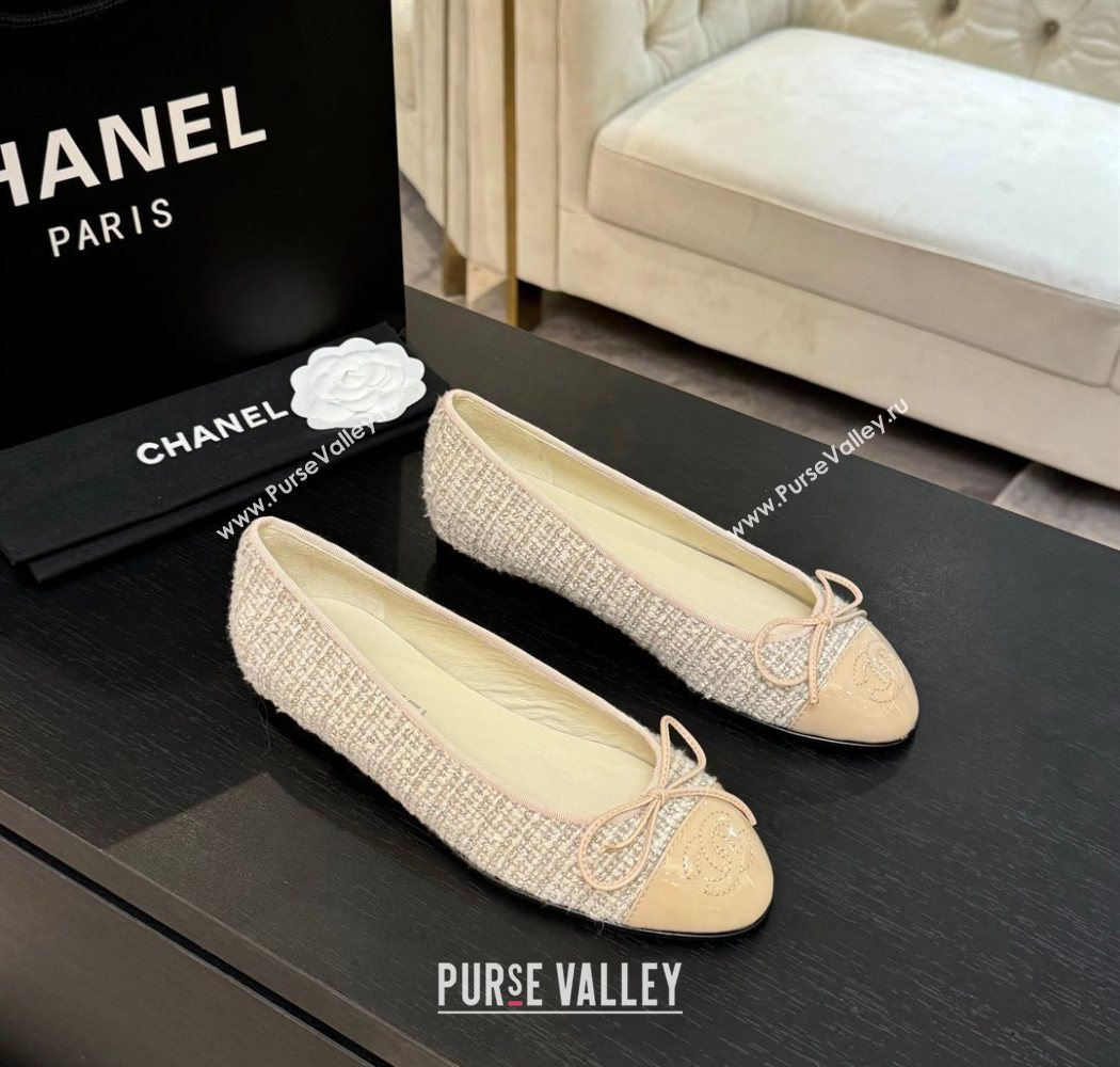 Chanel Classic Tweed Patent Calfskin Ballet Flats with Bow Nude/Beige 2025 0901 (MD-250901007)