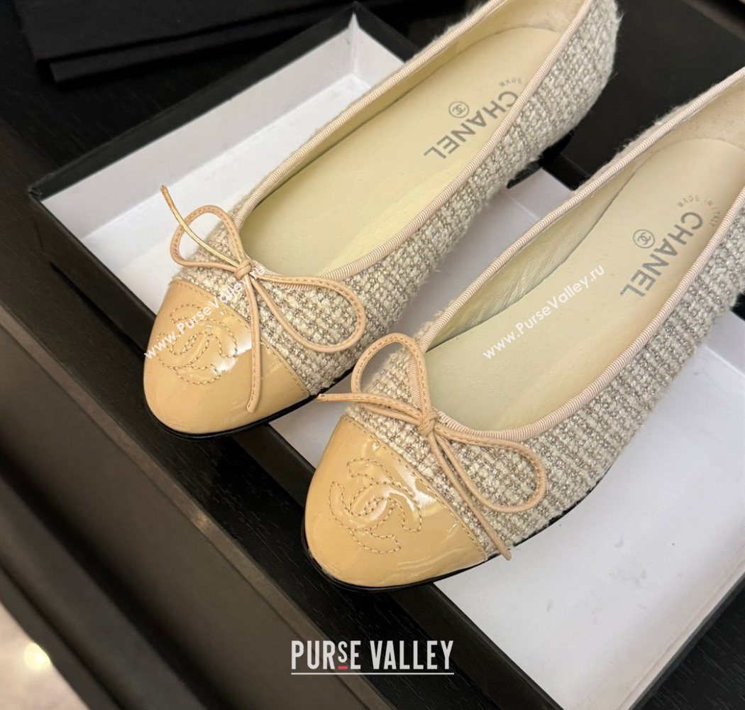 Chanel Classic Tweed Patent Calfskin Ballet Flats with Bow Nude/Beige 2025 0901 (MD-250901007)