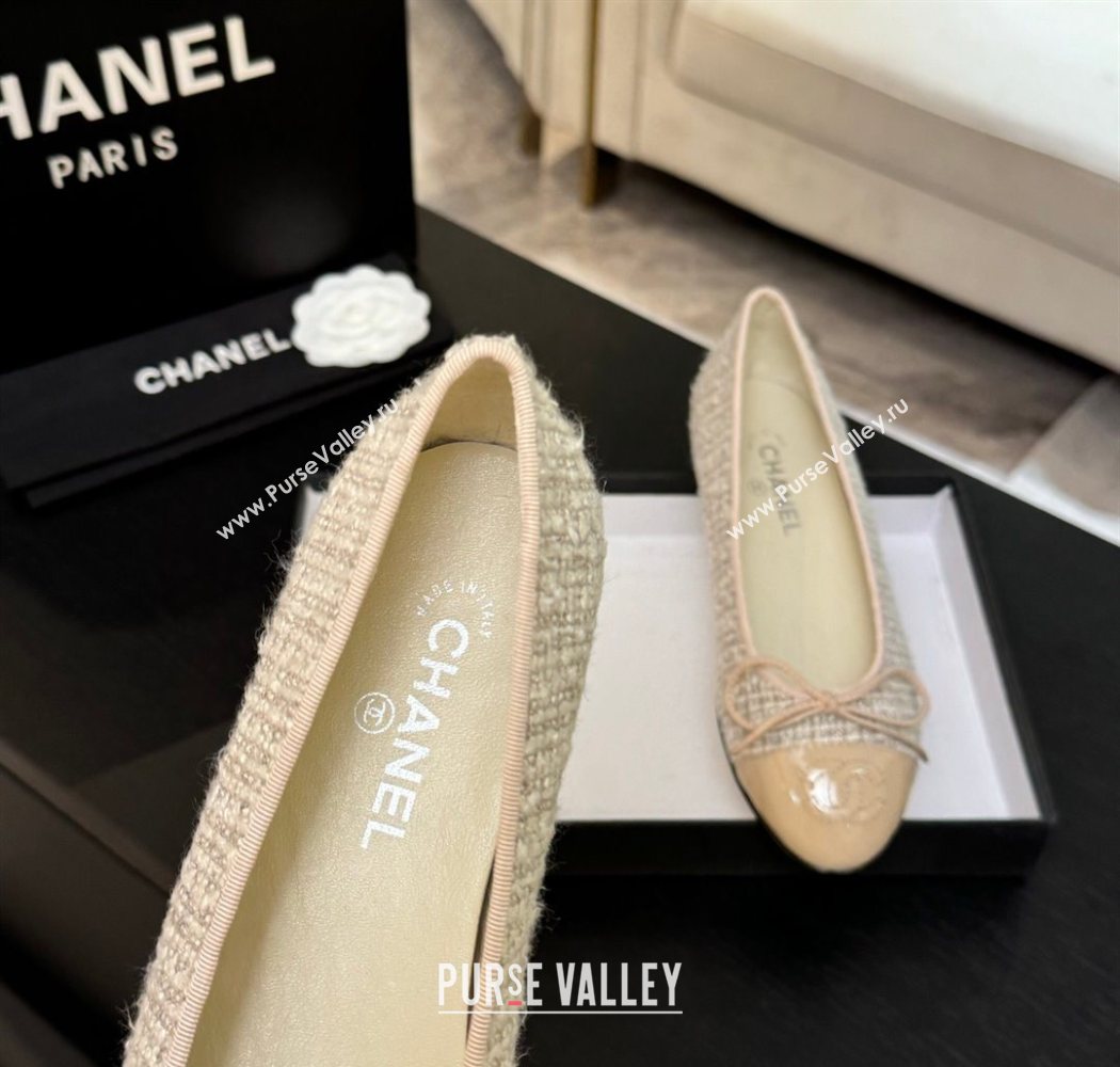 Chanel Classic Tweed Patent Calfskin Ballet Flats with Bow Nude/Beige 2025 0901 (MD-250901007)