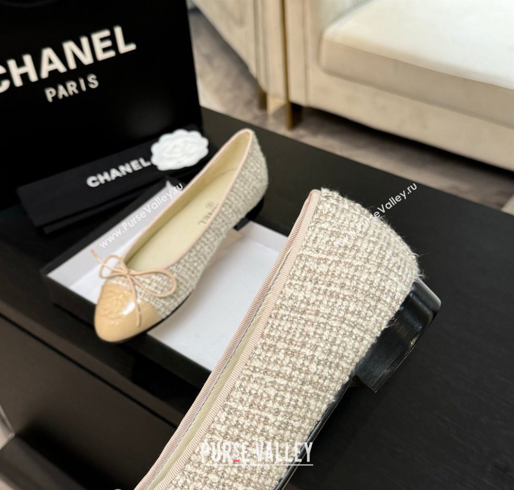 Chanel Classic Tweed Patent Calfskin Ballet Flats with Bow Nude/Beige 2025 0901 (MD-250901007)