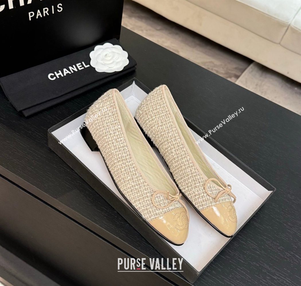 Chanel Classic Tweed Patent Calfskin Ballet Flats with Bow Nude/Beige 2025 0901 (MD-250901007)