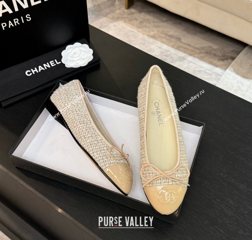Chanel Classic Tweed Patent Calfskin Ballet Flats with Bow Nude/Beige 2025 0901 (MD-250901007)